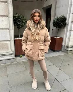 Aaliyah Padded Faux Fur Hooded Coat - Camel