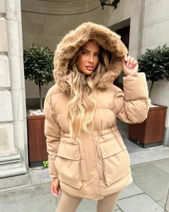 Aaliyah Padded Faux Fur Hooded Coat - Camel