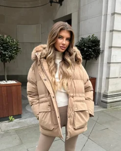 Aaliyah Padded Faux Fur Hooded Coat - Camel