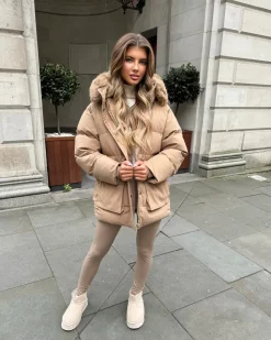 Aaliyah Padded Faux Fur Hooded Coat - Camel