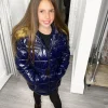 Abbie Belted Metallic Kids Coat - Navy