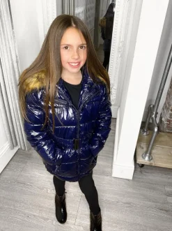 Abbie Belted Metallic Kids Coat - Navy