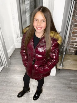 Abbie Belted Metallic Kids Coat - Wine