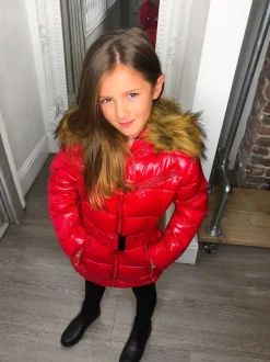 Abbie Belted Metallic Kids Coat - Red