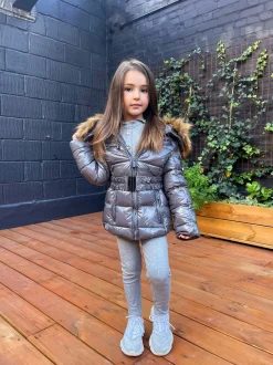 Abbie Belted Metallic Kids Coat - Grey