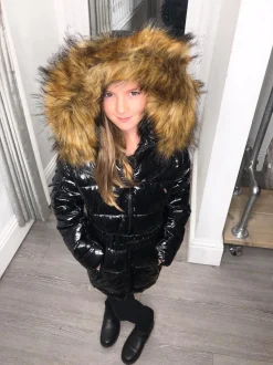Abbie Belted Metallic Kids Coat - Black