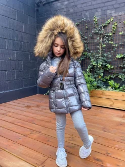 Abbie Belted Metallic Kids Coat - Grey