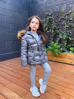 Abbie Belted Metallic Kids Coat - Grey