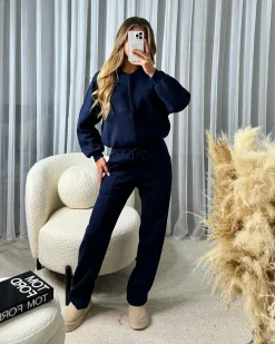 Amelia Bomber Zip Jacket & Straight Leg Joggers Set- Navy