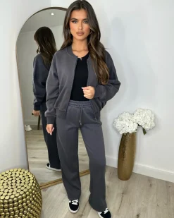 Amelia Bomber Zip Jacket & Straight Leg Joggers Set- Slate Grey