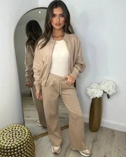 Amelia Bomber Zip Jacket & Straight Leg Joggers Set- Dark Beige