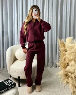 Amelia Bomber Zip Jacket & Straight Leg Joggers Set- Wine