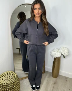 Amelia Bomber Zip Jacket & Straight Leg Joggers Set- Slate Grey