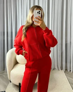 Amelia Bomber Zip Jacket & Straight Leg Joggers Set- Red