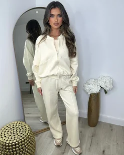 Amelia Bomber Zip Jacket & Straight Leg Joggers Set- Cream