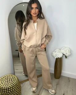 Amelia Bomber Zip Jacket & Straight Leg Joggers Set- Dark Beige