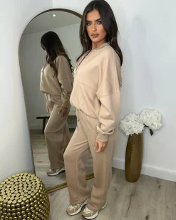 Amelia Bomber Zip Jacket & Straight Leg Joggers Set- Dark Beige
