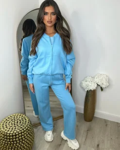 Amelia Bomber Zip Jacket & Straight Leg Joggers Set- Sky Blue