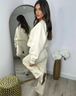 Amelia Bomber Zip Jacket & Straight Leg Joggers Set- Cream