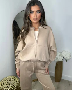 Amelia Bomber Zip Jacket & Straight Leg Joggers Set- Dark Beige