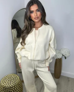 Amelia Bomber Zip Jacket & Straight Leg Joggers Set- Cream