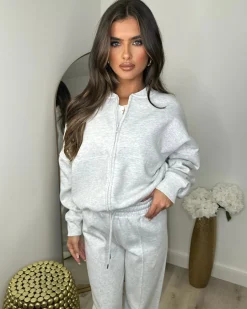 Amelia Bomber Zip Jacket & Straight Leg Joggers Set- Light Grey