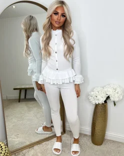 Amira Gold Button Ribbed Loungeset - White