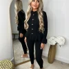 Amira Gold Button Ribbed Loungeset - Black