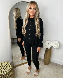 Amira Gold Button Ribbed Loungeset - Black