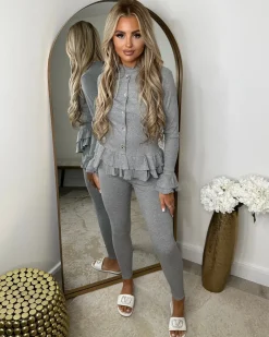 Amira Gold Button Ribbed Loungeset - Grey