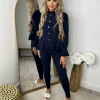 Amira Gold Button Ribbed Loungeset - Navy