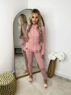Amira Gold Button Ribbed Loungeset - Pink
