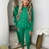 Amira Gold Button Ribbed Loungeset - Parrot Green
