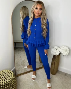 Amira Gold Button Ribbed Loungeset - Royal Blue