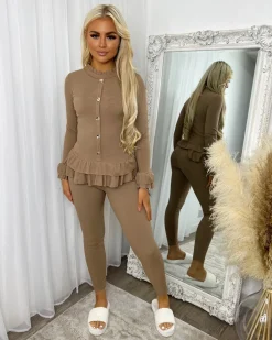 Amira Gold Button Ribbed Loungeset - Camel