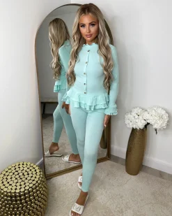 Amira Gold Button Ribbed Loungeset - Mint