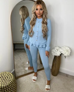 Amira Gold Button Ribbed Loungeset - Baby Blue