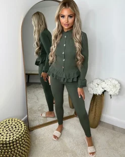 Amira Gold Button Ribbed Loungeset - Khaki