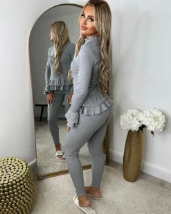 Amira Gold Button Ribbed Loungeset - Grey