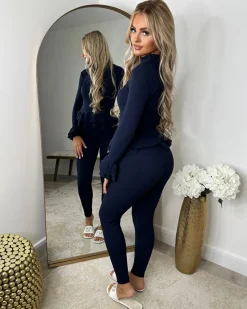 Amira Gold Button Ribbed Loungeset - Navy
