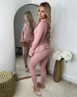 Amira Gold Button Ribbed Loungeset - Pink