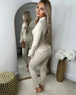 Amira Gold Button Ribbed Loungeset - Beige
