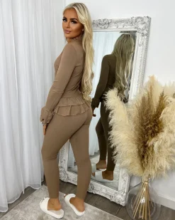 Amira Gold Button Ribbed Loungeset - Camel