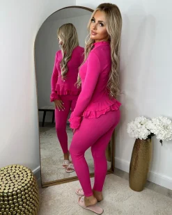 Amira Gold Button Ribbed Loungeset - Fuchsia