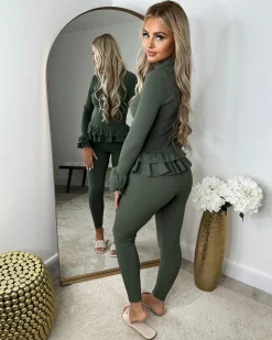 Amira Gold Button Ribbed Loungeset - Khaki