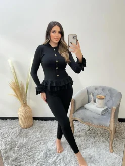 Amira Gold Button Ribbed Loungeset - Black
