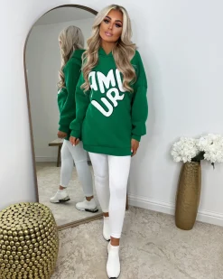 AMOUR Slogan Detail Hoodie - Parrot Green