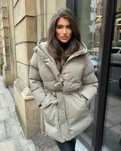 Arabella Hooded Short Padded Tie Waist Coat- Khaki
