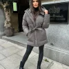 Arabella Hooded Short Padded Tie Waist Coat- Grey