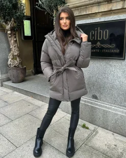 Arabella Hooded Short Padded Tie Waist Coat- Grey